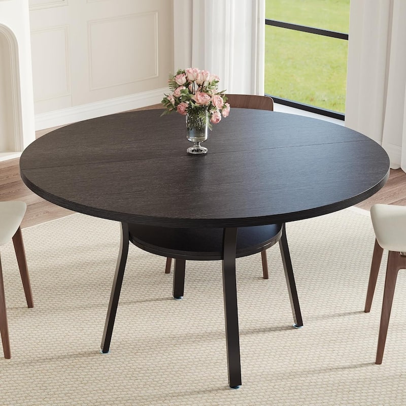 47" Round Kitchen Dining Table with Storage Shelf for Kitchen, Living Room (Table Only) - Black