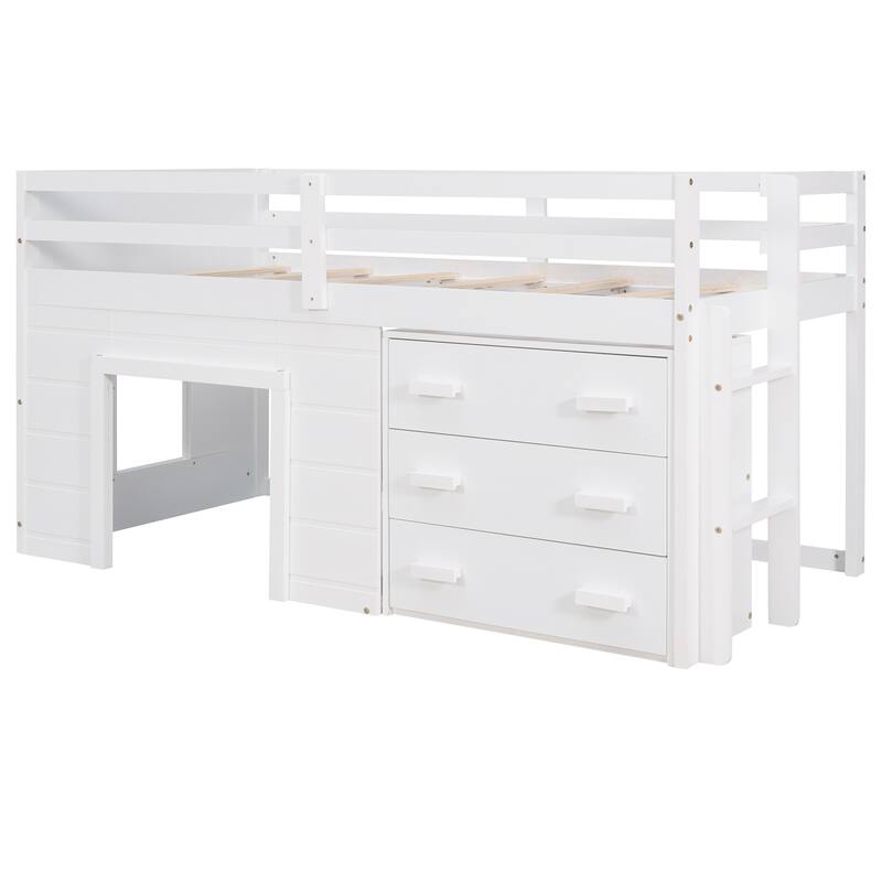 Compact Twin Loft Bed with Cabinet, Shelf, and Storage Drawers in White, Gray, or Espresso