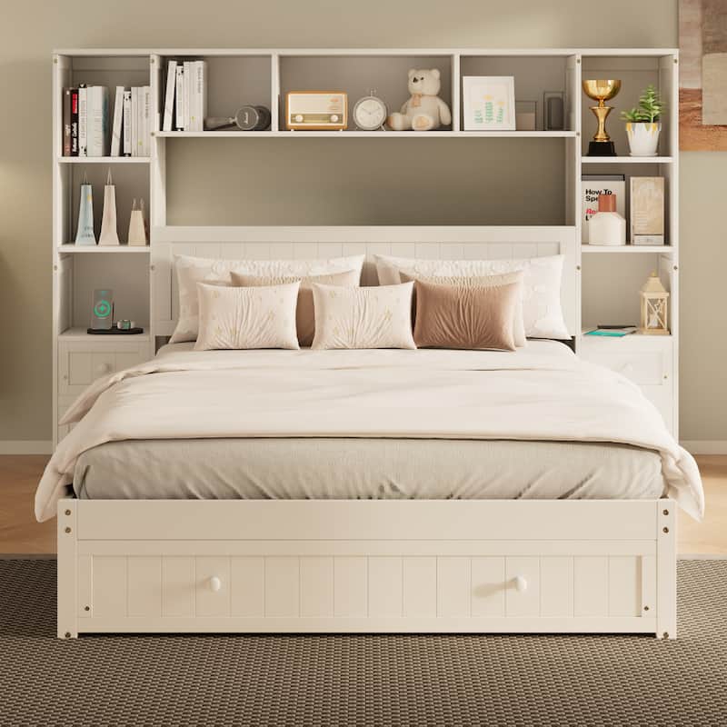 Full/Queen Storage Platform Bed with All-In-One 2 Nightstand & Cabinets, Wood Captain Bed Frame w/3 Drawers & Charging Stations - White - Full