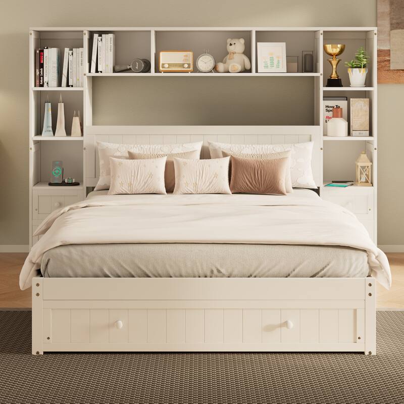 Queen Size Pine Wood Platform Bed with Nightstands, Storage, and Charging Stations