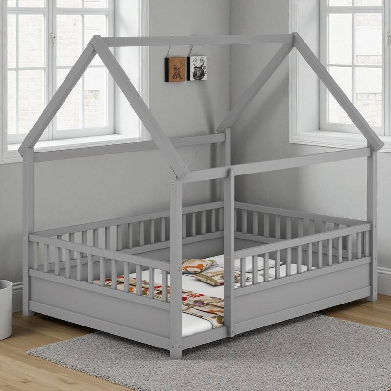 Twin/Full Wooden House Frame Floor Bed with Fence Guardrails, Montessori Style Kids Bed, Pine Wood Low Profile Design