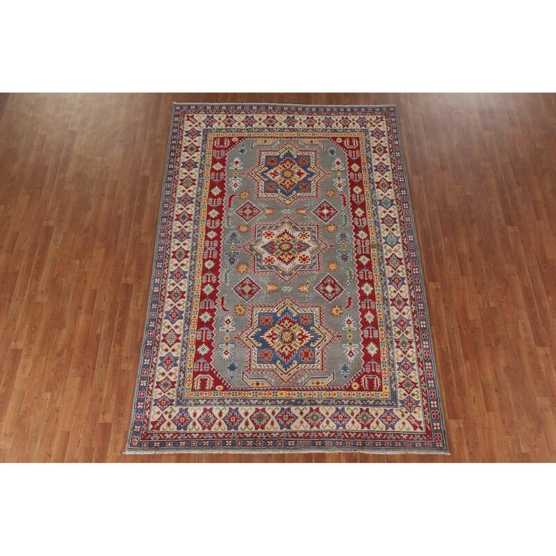 Hand Knotted Oriental 100% Wool Carpet Traditional Geometric Greys & Charcoal Kazak Area Rug - 9' 10'' X 6' 6''
