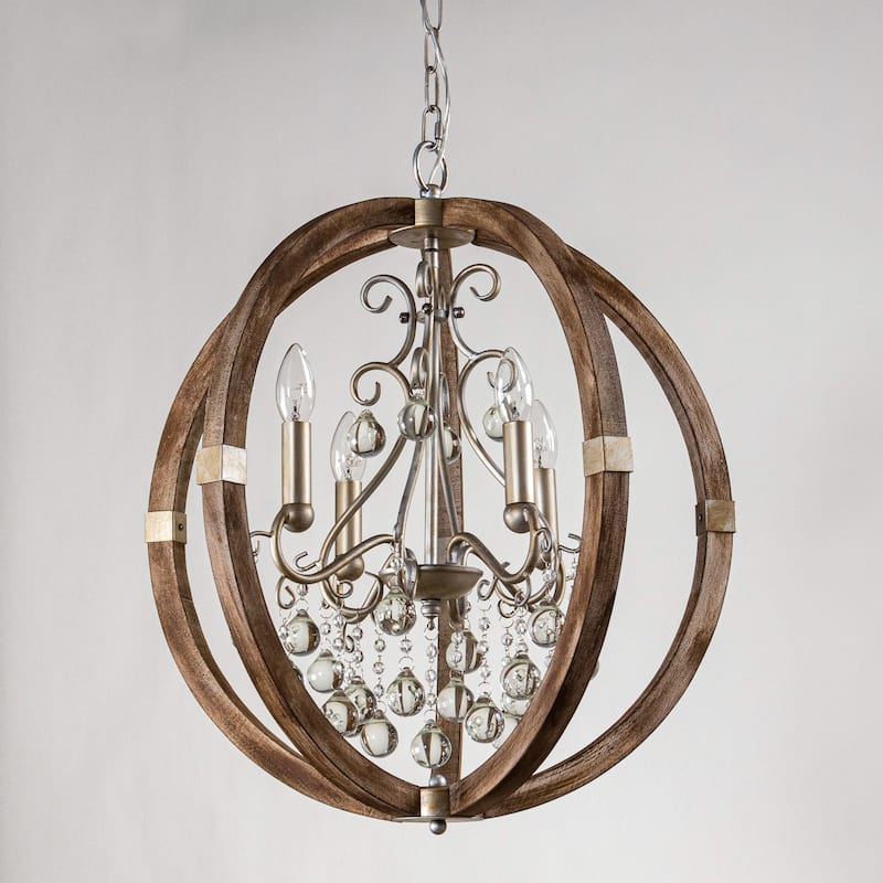 21" Wide Weathered Wooden 4-Light Crystal Orb Chandelier