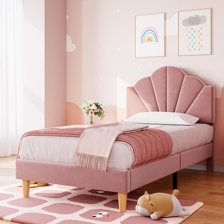 Modern Velvet Upholstered Bed Frame, Platform Bed with Height Adjustable Headboard for Boys Girls, Wood Slat Support