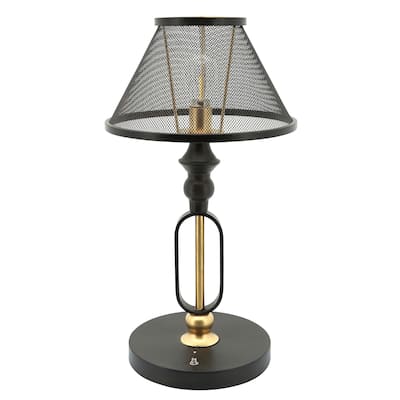 19 Inch Table Lamp, Round Metal Mesh Shade, Hollow Body, Black, Gold Stand