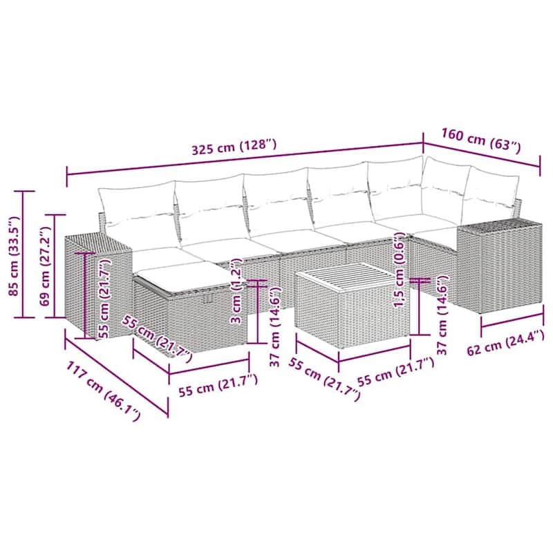 vidaXL Patio Sofa Set with Cushions Outdoor Conversation Set 8 Piece Poly Rattan - 21.7 x 24.4 x 27.2