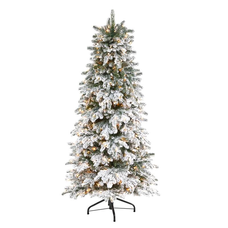 6’ Pre-Lit Flocked North Carolina Fir Artificial Christmas Tree, Clear LED Lights - 6 Foot