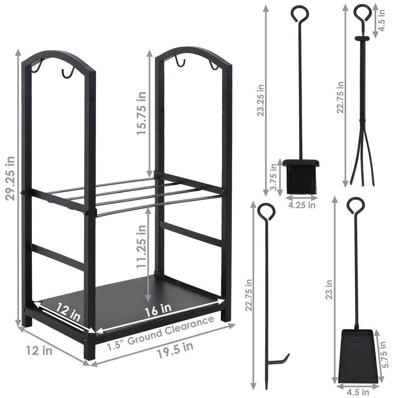 Steel Fireplace Log Holder and 5-Piece Tool Set