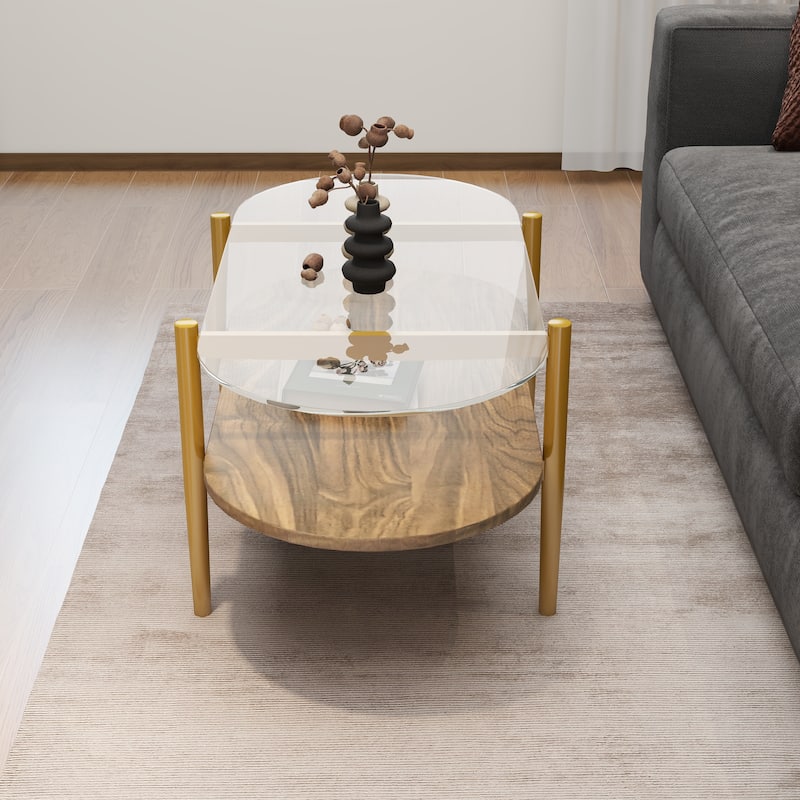 Oval Glass Coffee Table, 2-Tier Structure, Clear Glass Top and Walnut Finish Wood Shelf, Conical Legs with Gold Finish Frame