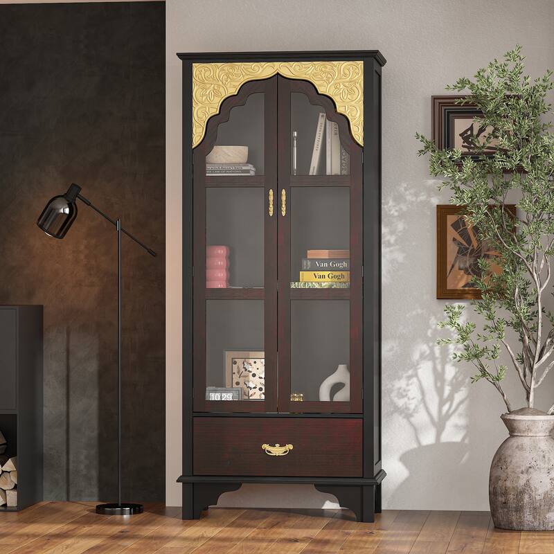 Boho Wood & MDF Display Cabinet with Tempered Glass Doors, Carved Arch Frame & Metal Handle Drawer - Dark Brown
