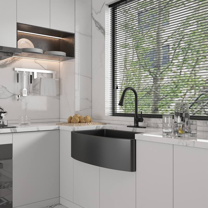 All-in-One Curved Design Single Bowl Farmhouse/Apron-Front Fireclay Kitchen Sink with Pull Down Kitchen Faucet and Accessories