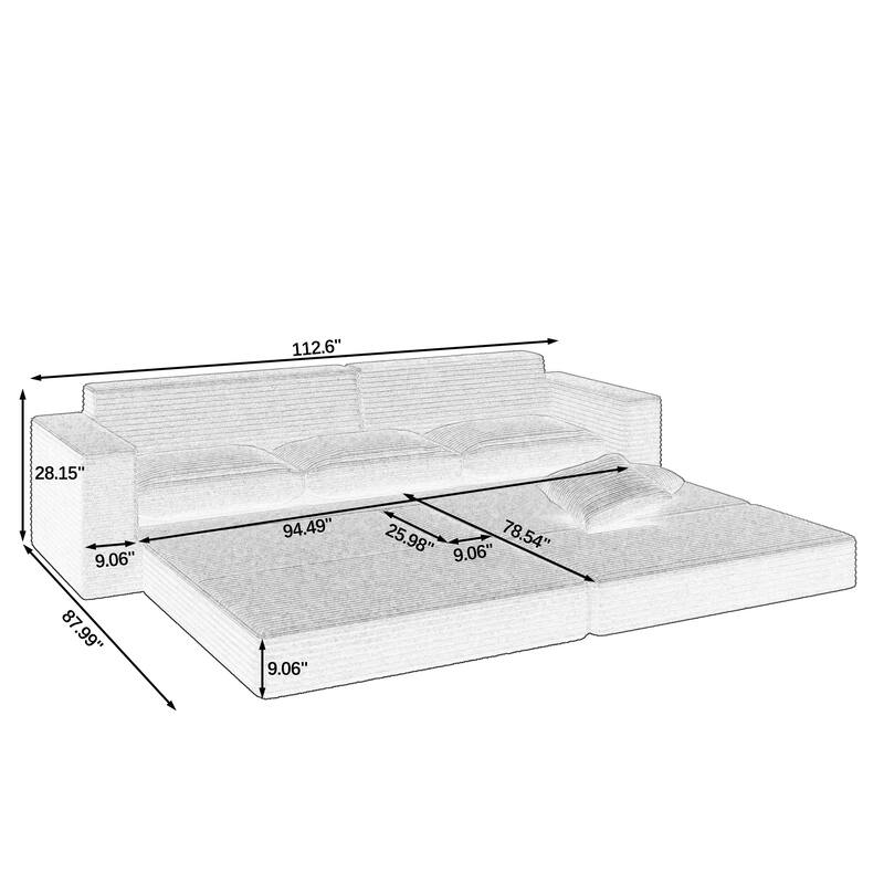 112.6" L-Shaped Modular Sectional Left sofa seat with Queen Sleeper Function, Corduroy Upholstery and No Assembly Required