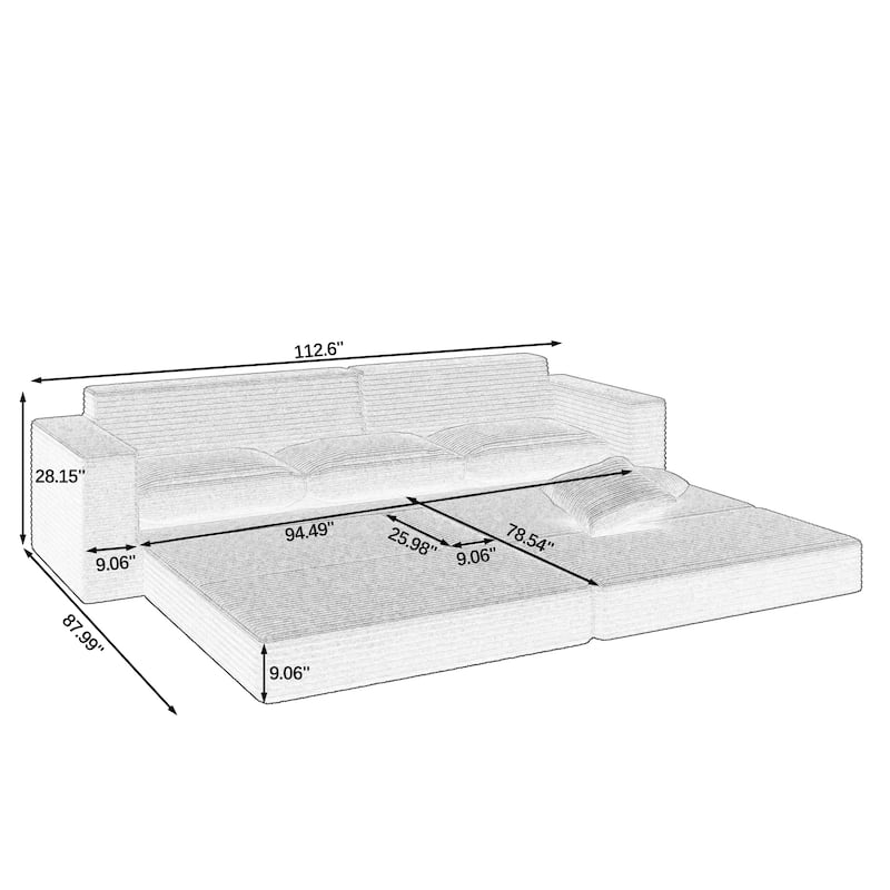 Modern Minimalist L-shape Sectional Sofa with Chaise Lounge Corduroy Compressed Folding Couch Convertible into Floor Bed