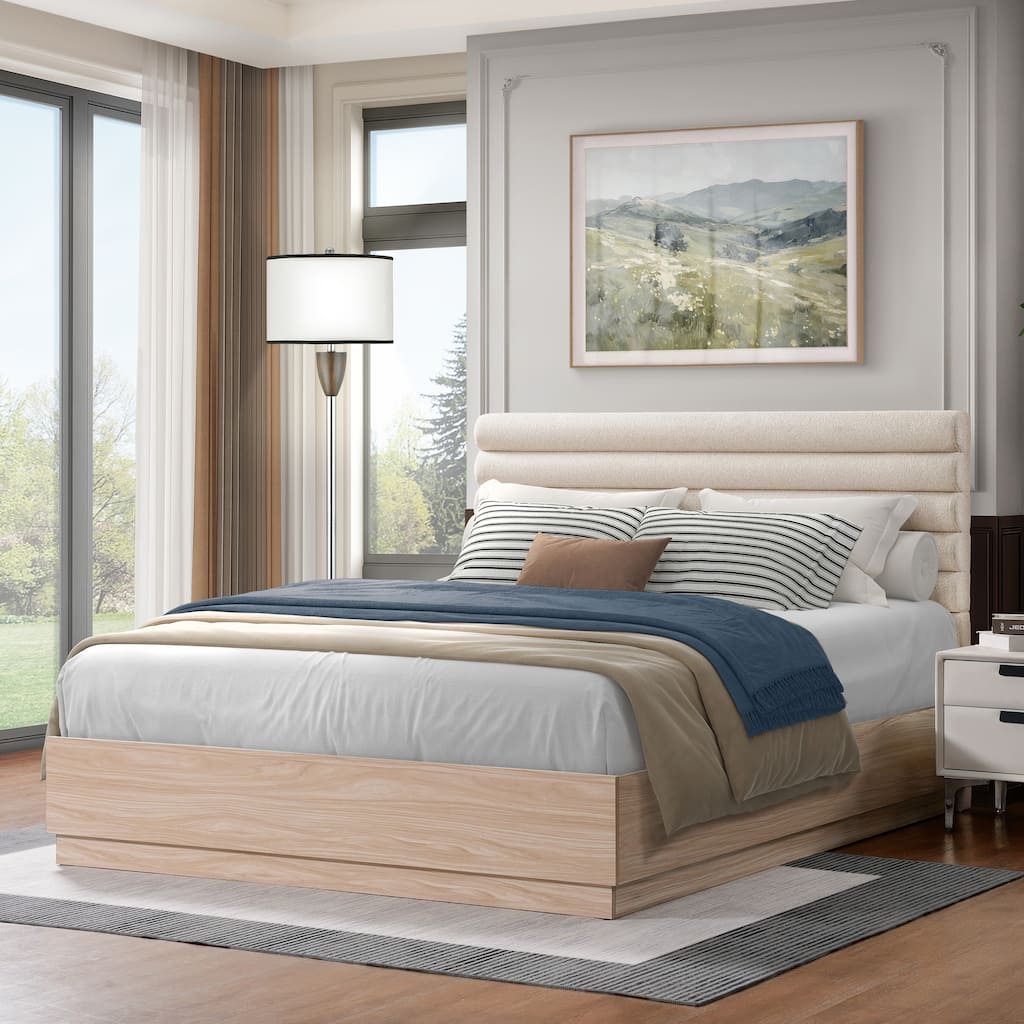 Queen Wood Platform Bed Frame with Upholstered Headboard