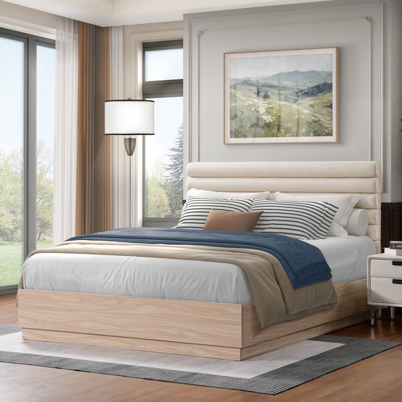 Queen Wood Platform Bed Frame with Upholstered Headboard - Taupe+Natural