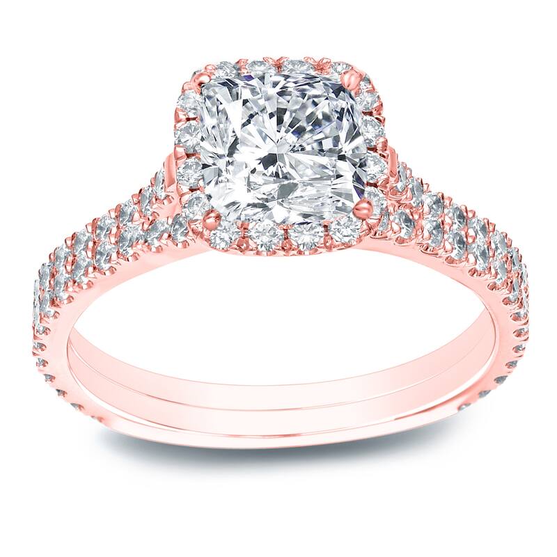 Auriya 1 3/4ctw Cushion Cut Halo Diamond Engagement Ring Set 14K Gold Certified - Rose - 7