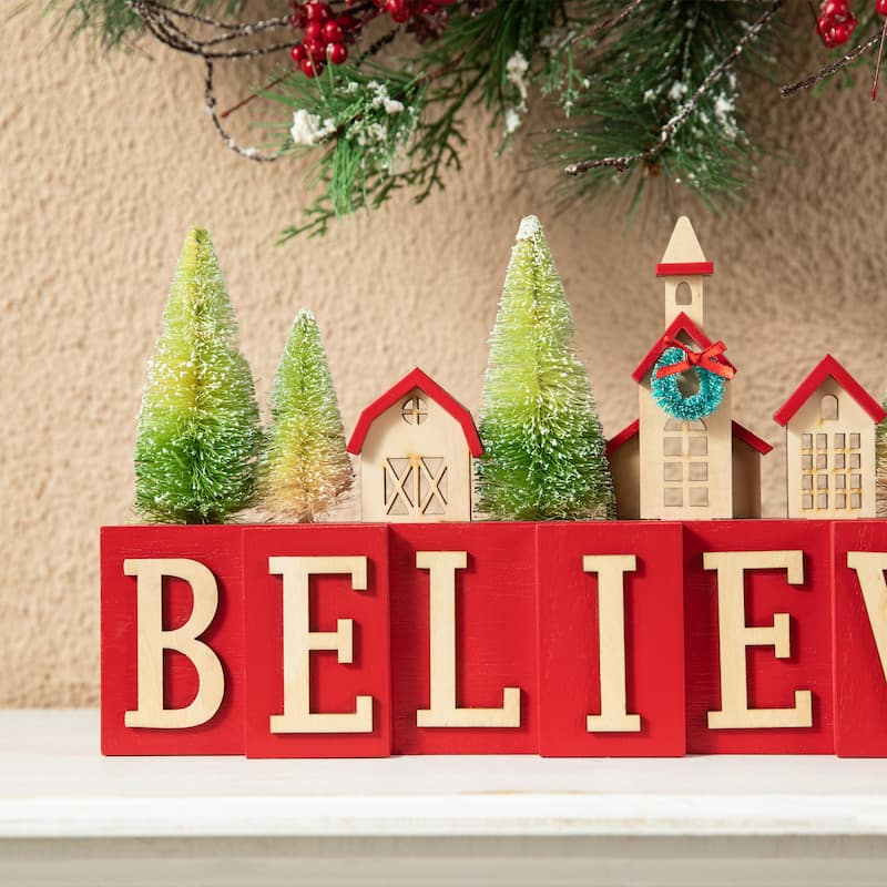 Glitzhome 14"L Christmas Wooden House Brush Trees Table Decor