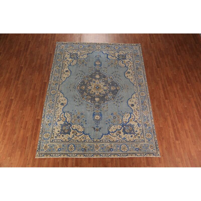 Blue Tabriz Persian Area Rug Oriental Floral Hand-Knotted Wool Carpet - 7'10"x 10'9"