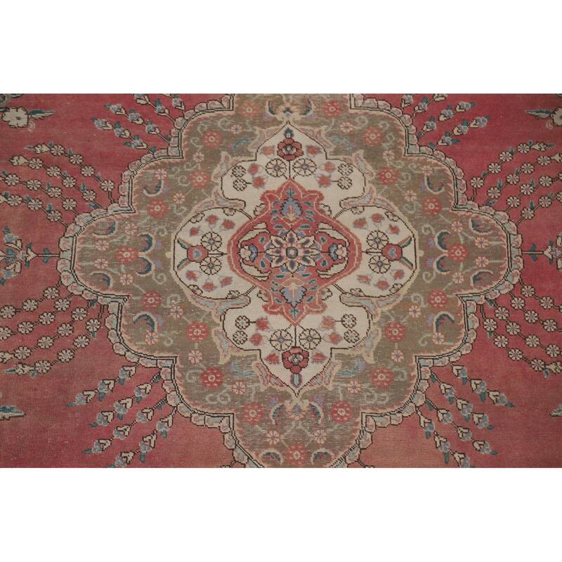 Hand Knotted Oriental 100% Wool Carpet Traditional Floral Pink Tabriz Area Rug - 12' 10'' X 9' 7''