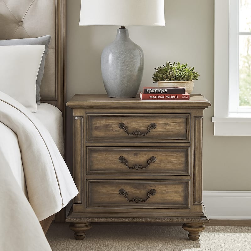 Danya 29 Inch 3 Drawer Nightstand, Metal Drop Handles, Turned Legs, Brown