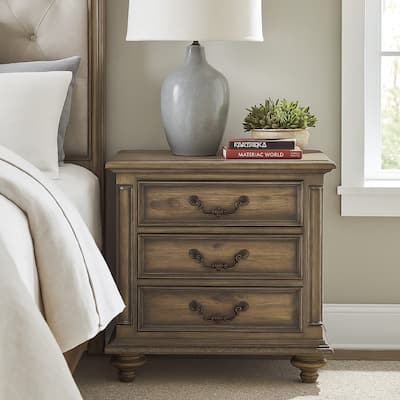 Danya 29 Inch 3 Drawer Nightstand, Metal Drop Handles, Turned Legs, Brown
