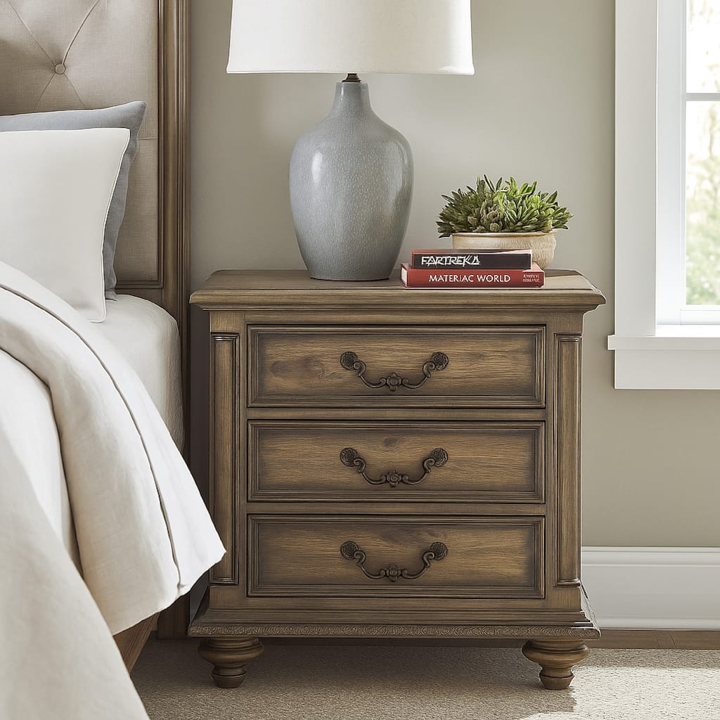 Danya 29 Inch 3 Drawer Nightstand, Metal Drop Handles, Turned Legs, Brown