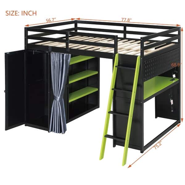 dimension image slide 3 of 4, Wood Full Size Loft Bed with Blackout Curtains and RGB Lights, Gaming Loft Bed with Desk & Shelves
