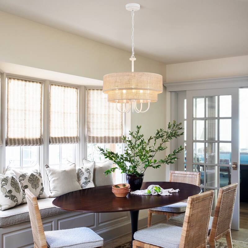 18.1-in 5-Light Farmhouse Rattan Pendant Light with 2-Tier Hand-Woven Drum Shade for multiple rooms