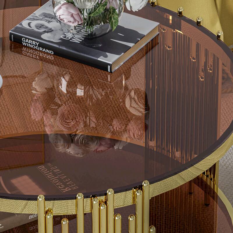 Modern Gold Round Coffee Table with Brown Glass Top & Stainless Steel Legs