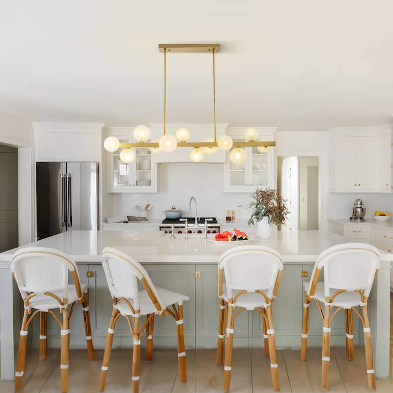 12-Light Modern Brushed Gold Linear Gluster Glass Kitchen Island Pendant Sputnik Frosted Opal Glass Globe Bubble Chandelier