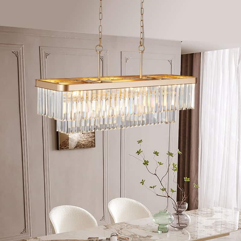 Adjustable Rectangular Crystal Chandelier - E12 Modern Industrial Farmhouse Ceiling Light with Iron Frame (Bulbs Not Included)