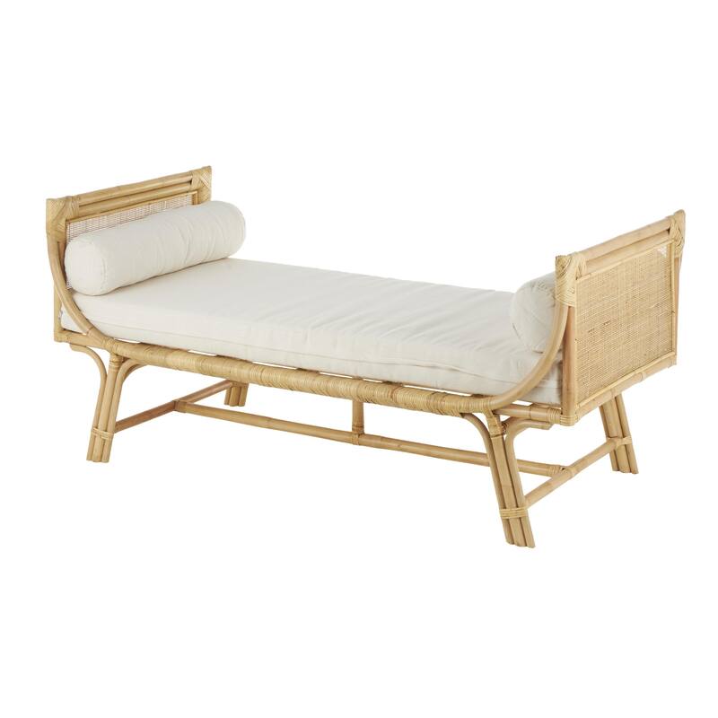 Light Brown Rattan Wrapped Home Bench with White Fabric Seat and Side Cushions
