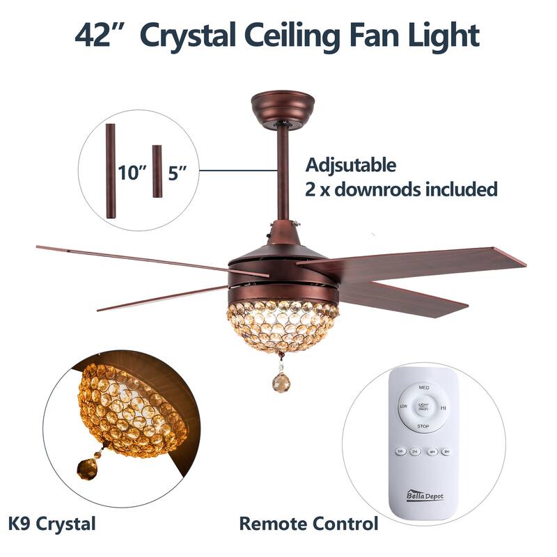Belladepot 52" Modern Crystal Ceiling Fan with LED Light, Remote Control, Reversible