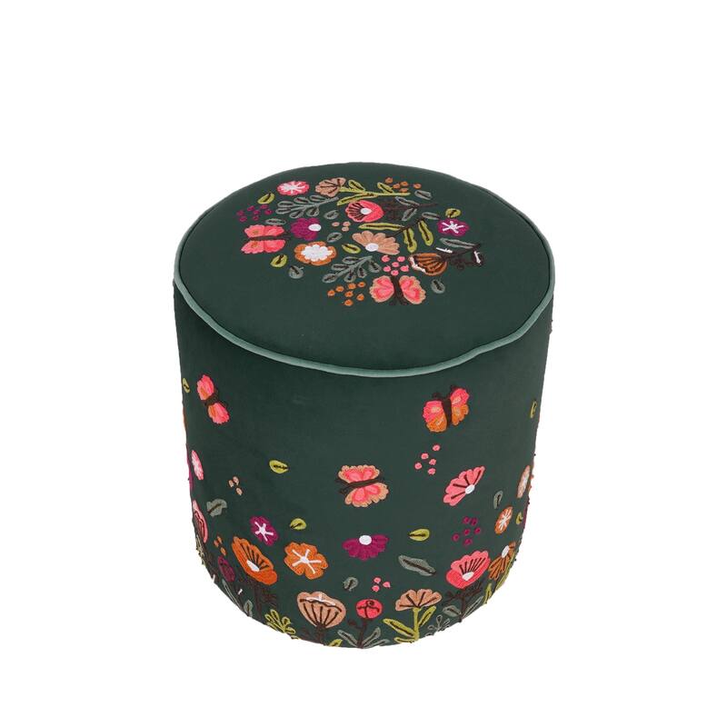 Handmade Floral Embroidered Round Pouf Ottoman - 18" - Green