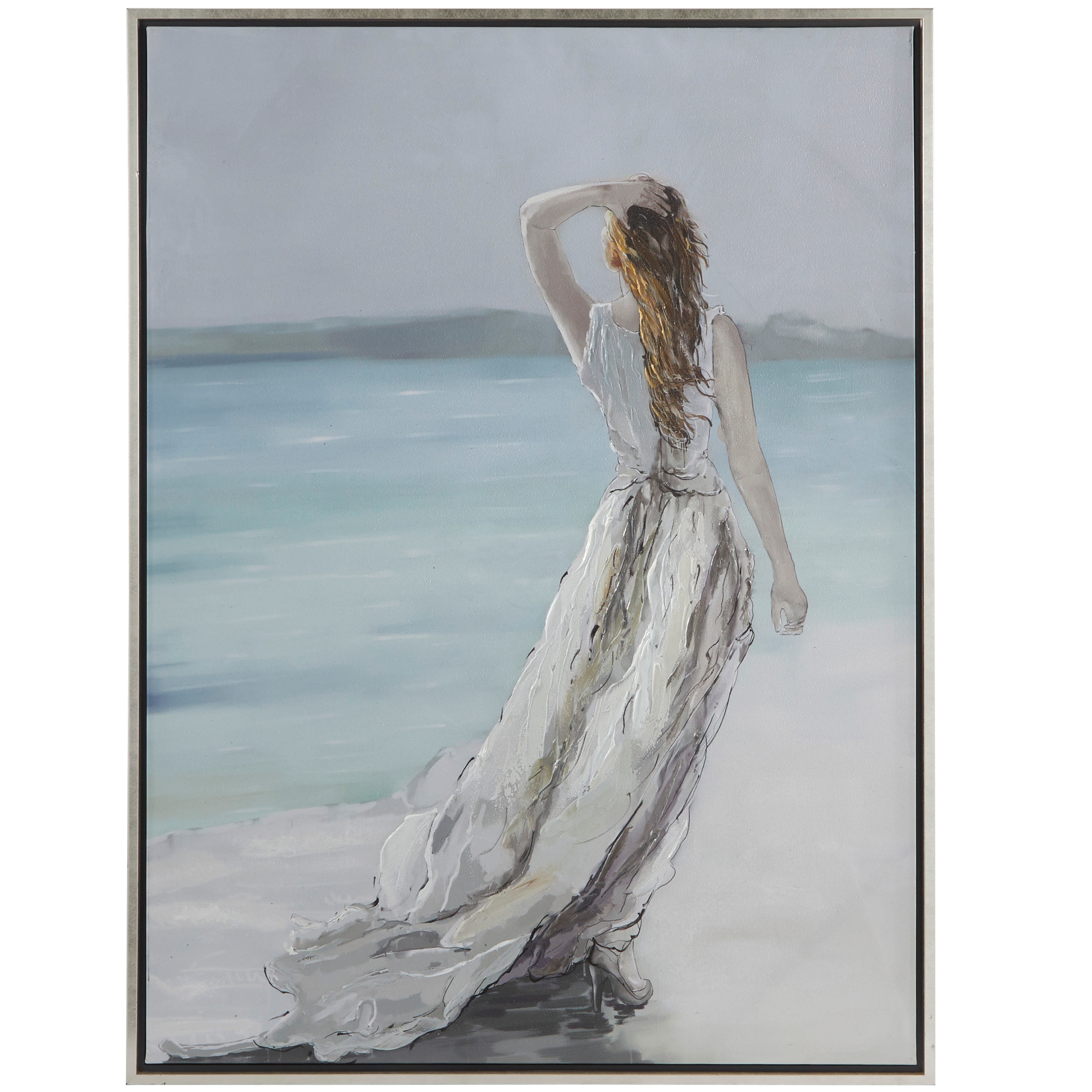 Canvas Landscape Women Framed Wall Art with Silver Frame - White - Roche River Decor