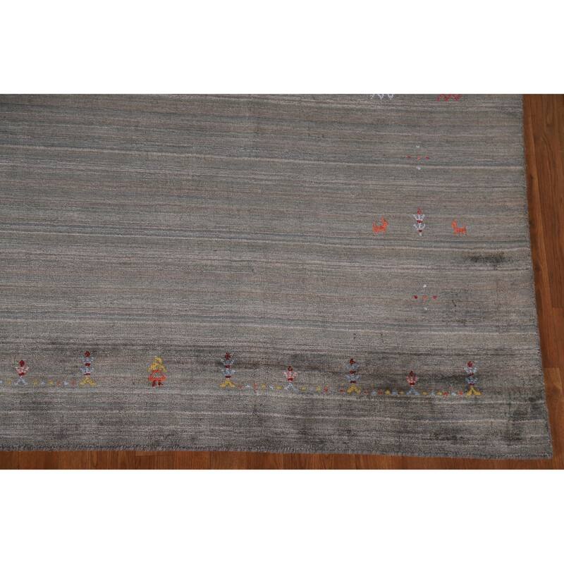 Striped Green Gabbeh Area Rug Hand-Knotted Wool Carpet - 8'10"x 11'8"