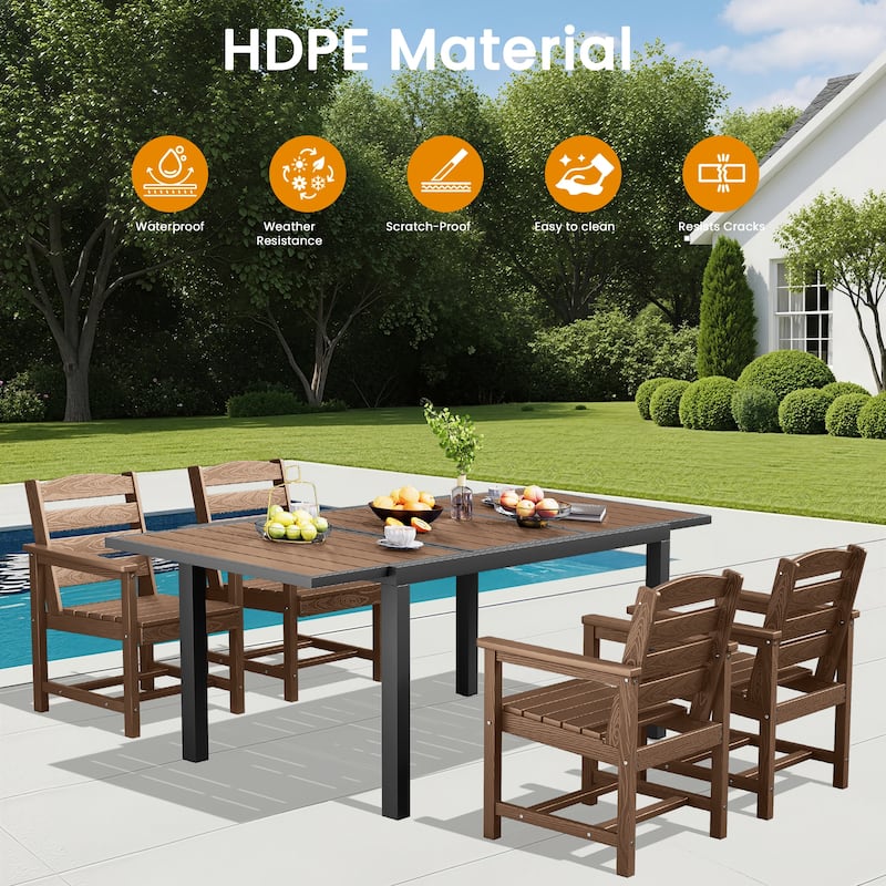 5-Piece HDPE Outdoor Extendable Dining Set with 4 Chairs – All-Weather Patio Furniture - N/A