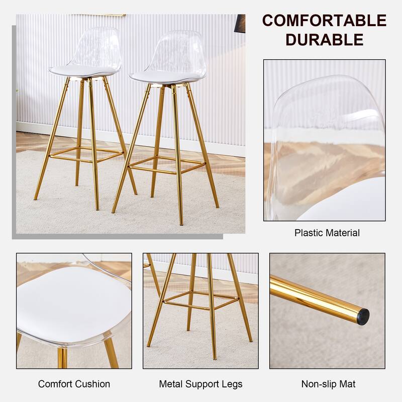 Clear Bar Stools Set of 2, Kitchen Island Chairs with Back and Footrest, Tall Acrylic Bar Chair with Metal Legs