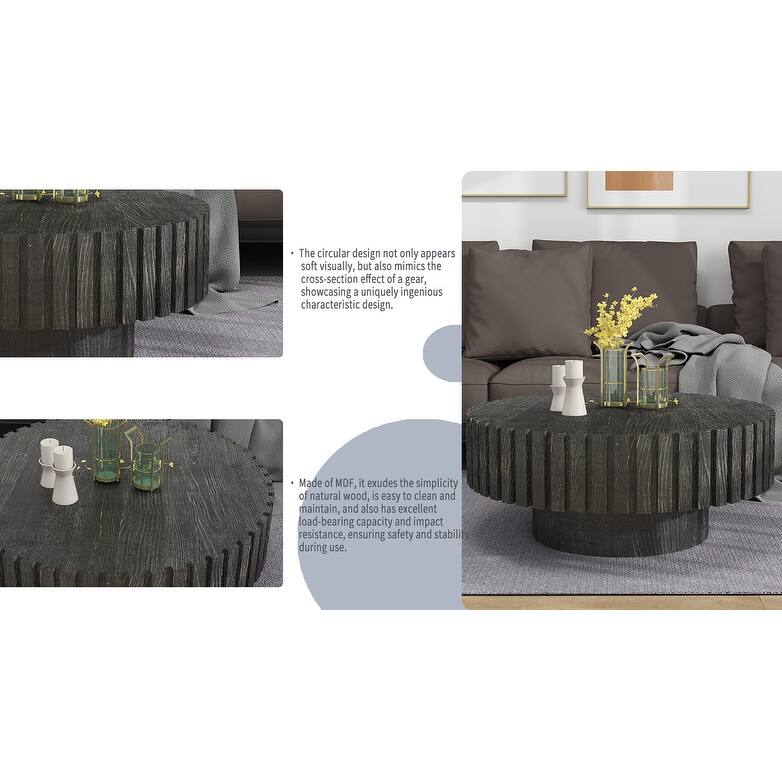 GDFStudio - Norwyn Minimalist Aesthetics Round Coffee Table with Sturdy Base and Handcrafted Relief Carving - 31.5"W