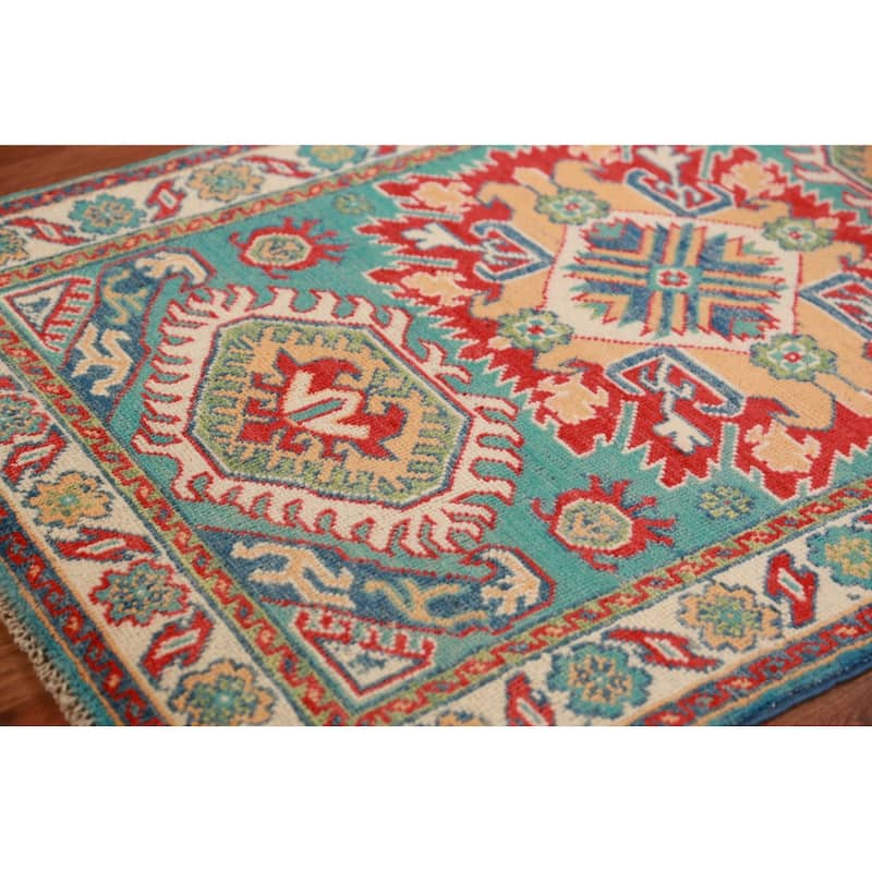 Turquoise Kazak Foyer Rug Hand-Knotted Wool Carpet - 2'8"x 4'1"