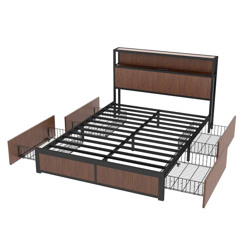 Queen Size Platform Bed Metal Storage Bed Frame with Raised Wood Headboard Footboard, 4 Drawers, Charging Station, Walnut