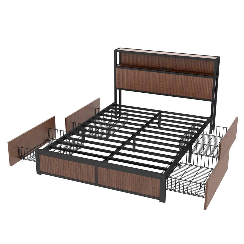 Vertical Fluted Design Low Profile Platform Bed Queen Size Storage Bed Frame with 4 Drawers, USB Ports and Storage Headboard