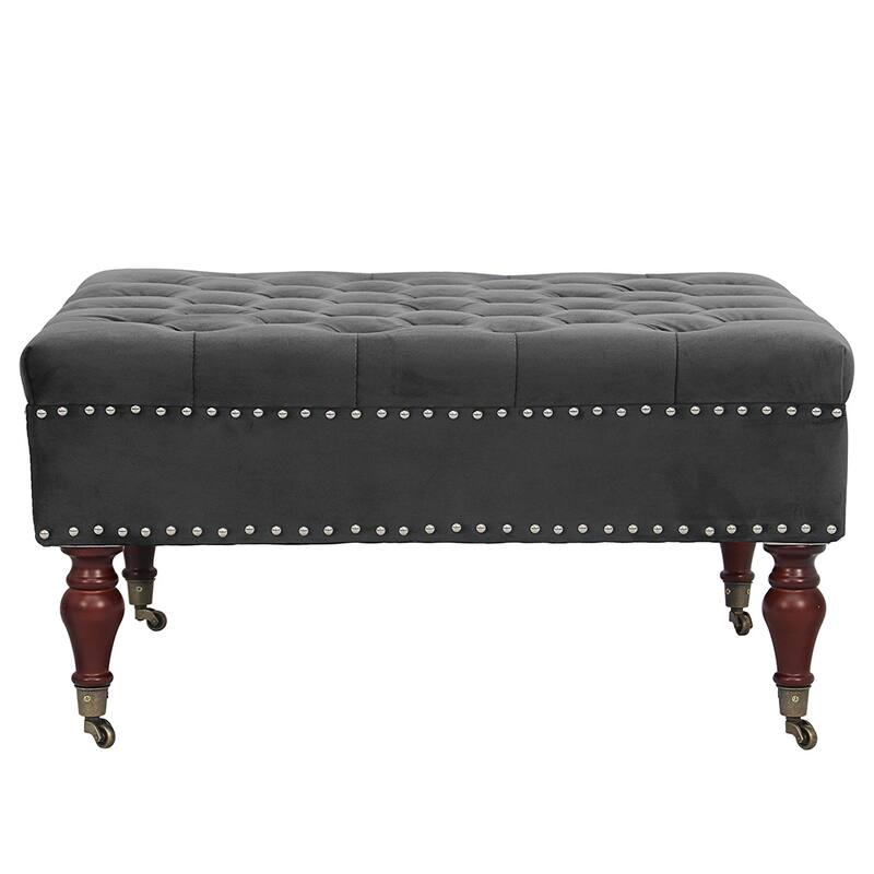 Maypex Square Velvet Upholstered Cocktail Ottoman with Caster Wheels - Dark Grey