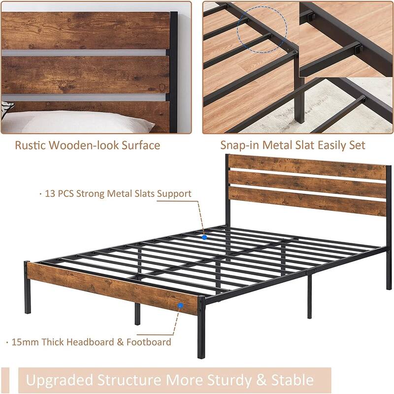 Twin Size Metal Platform Bed Frame with Headboard and and Footboard, No Box Spring Needed Sturdy Wooden Slats Support