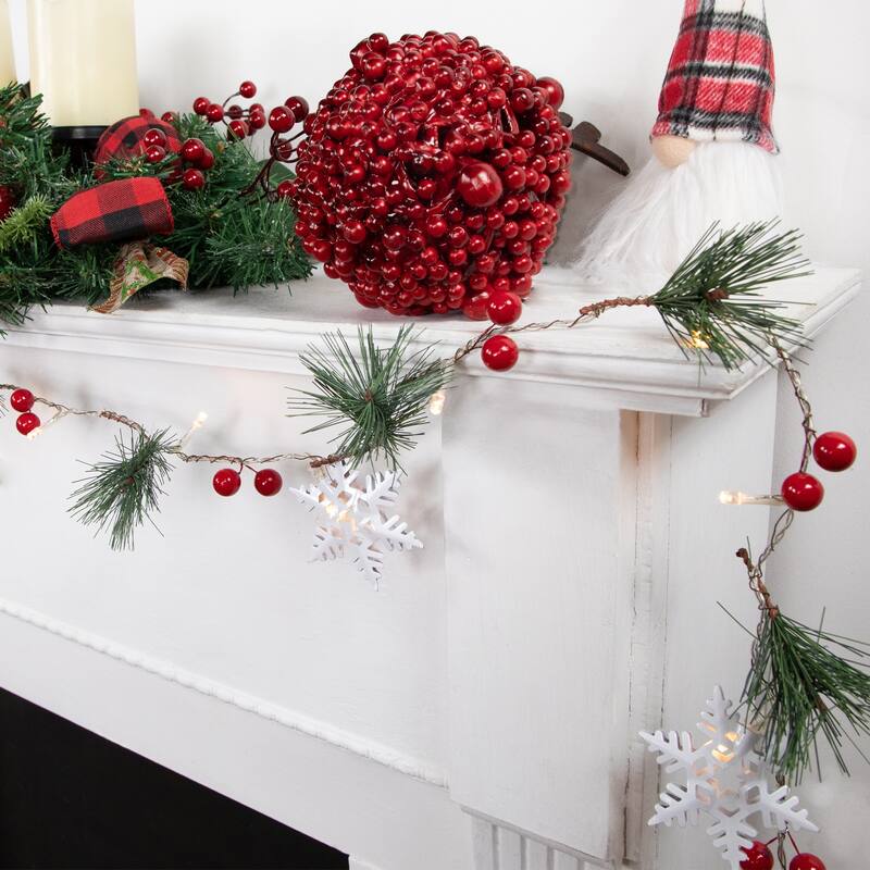 20ct LED Pine Berry Snowflake Garland Light Set 6ft Clear Wire