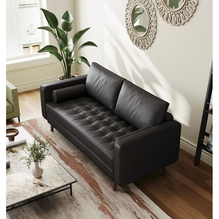 Stateside Mid-Century Square Arm Leather Covered Loveseat Sofa 59'' - Black