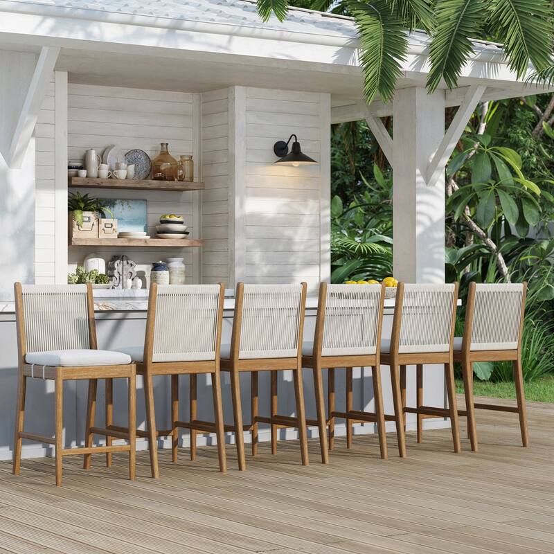 Kayden Solid Wood Dining Chair or Bar Stool with Woven Rope Backrest, Upholstered Stool for Kitchen or Bar