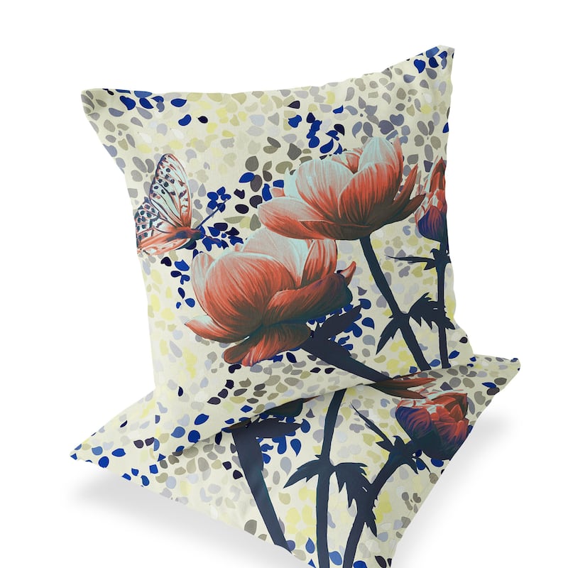 HomeRoots Set of Two 16" X 16" Green and Yellow Butterfly Blown Seam Floral Indoor Outdoor Throw Pillow