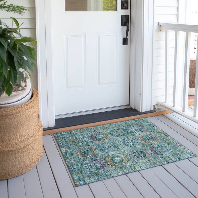 Machine Washable Indoor/ Outdoor Boho Vintage Chantille Rug - Teal - 1'8" x 2'6"