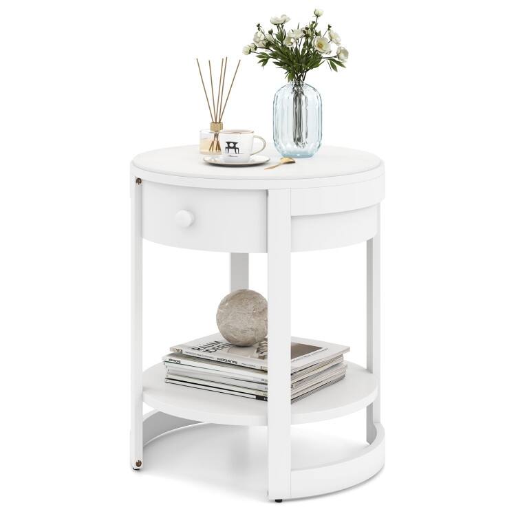 2-Tier Round Nightstand End Table with Drawer and Shelf - 19.5" x 19.5" x 24" - White